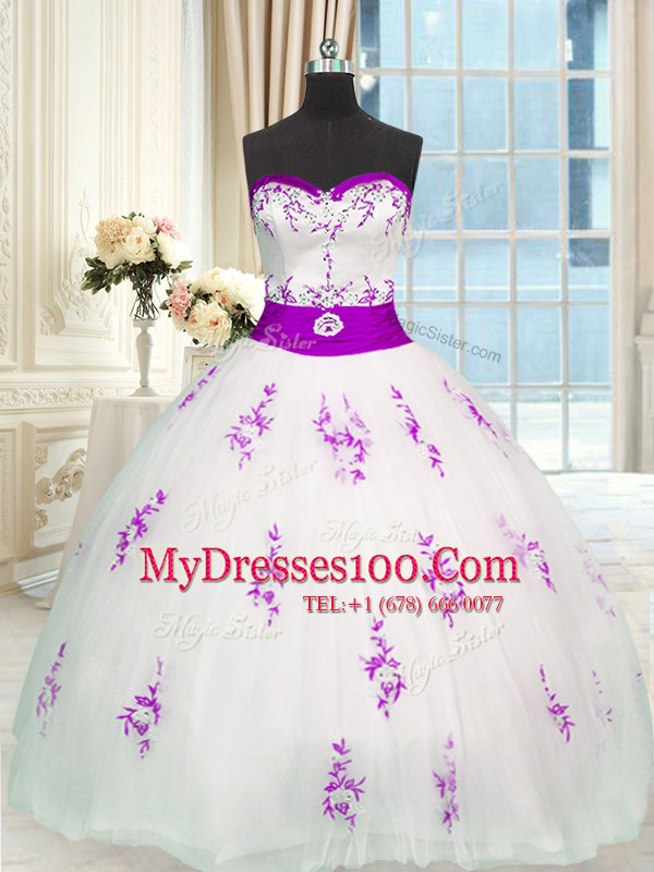 Charming Sweetheart Sleeveless 15 Quinceanera Dress Floor Length Appliques and Belt White Organza