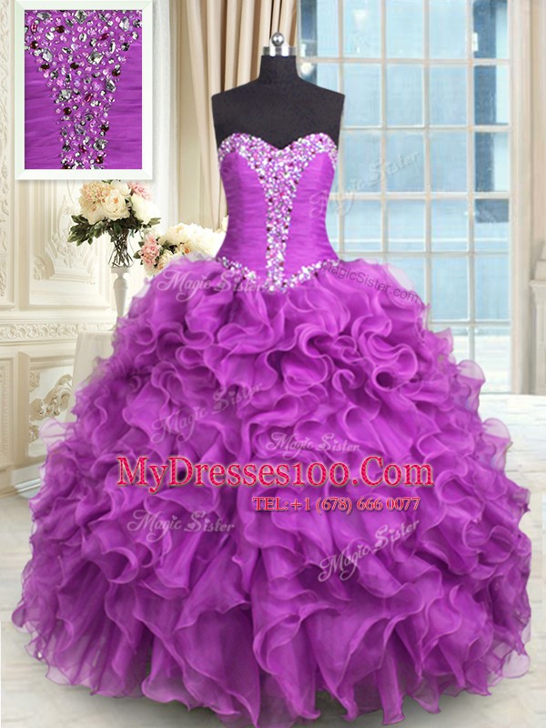 Purple Lace Up Quinceanera Gowns Beading and Ruffles Sleeveless Floor Length