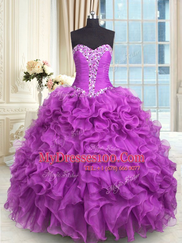 Purple Lace Up Quinceanera Gowns Beading and Ruffles Sleeveless Floor Length