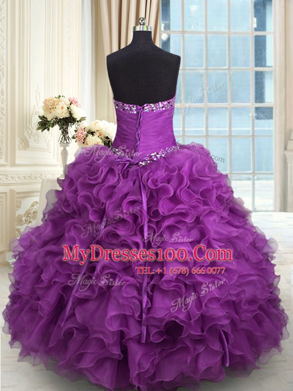 Purple Lace Up Quinceanera Gowns Beading and Ruffles Sleeveless Floor Length