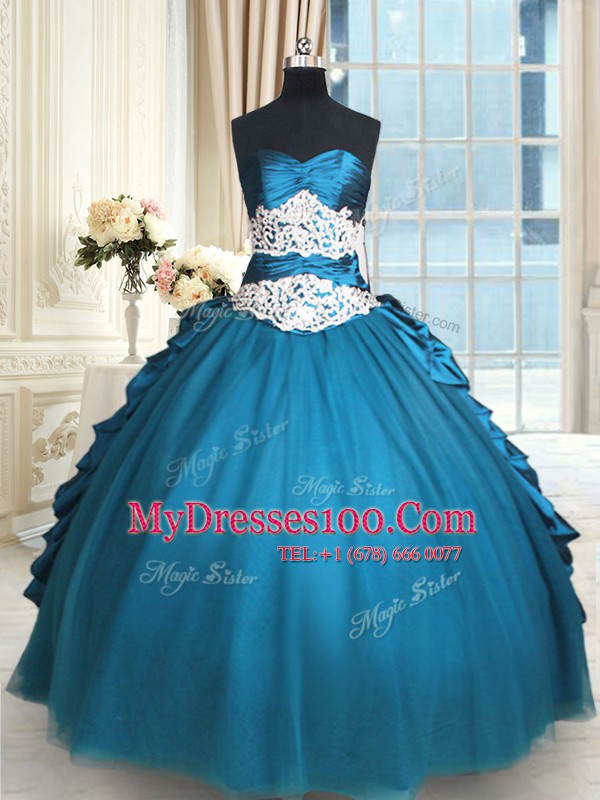 Teal Lace Up Sweetheart Beading and Lace and Appliques and Ruching Vestidos de Quinceanera Taffeta and Tulle Sleeveless