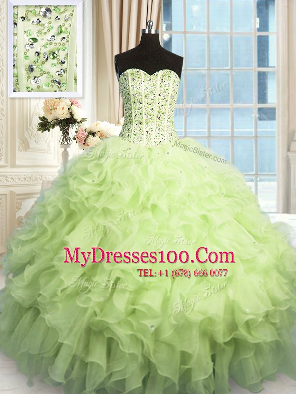Glamorous Floor Length Yellow Green Quinceanera Dresses Organza Sleeveless Beading and Ruffles and Sequins