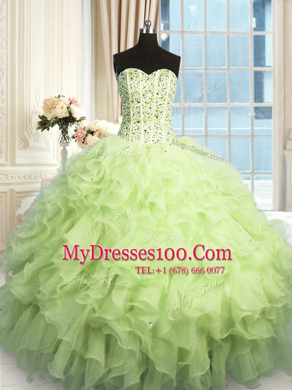 Glamorous Floor Length Yellow Green Quinceanera Dresses Organza Sleeveless Beading and Ruffles and Sequins