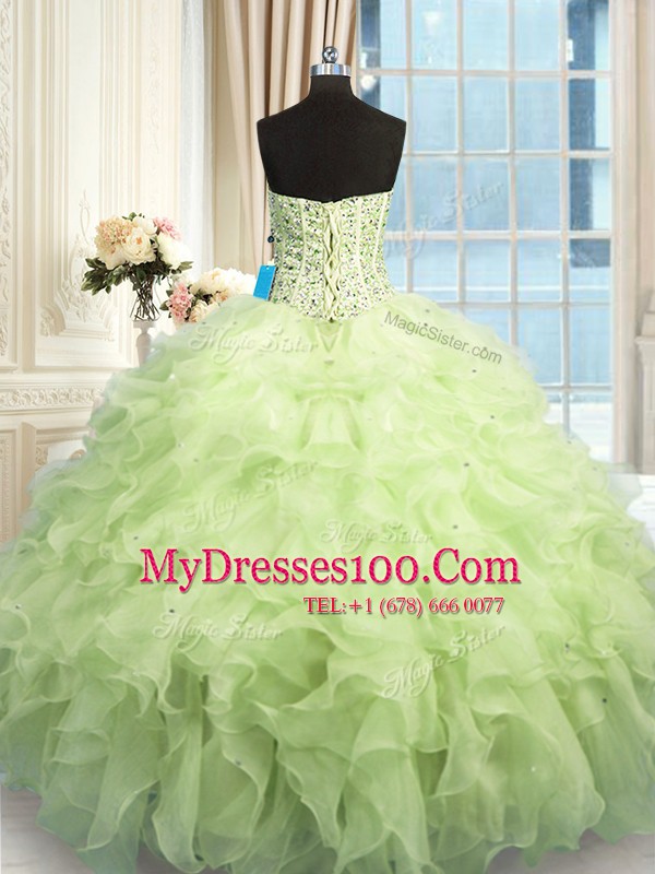 Glamorous Floor Length Yellow Green Quinceanera Dresses Organza Sleeveless Beading and Ruffles and Sequins