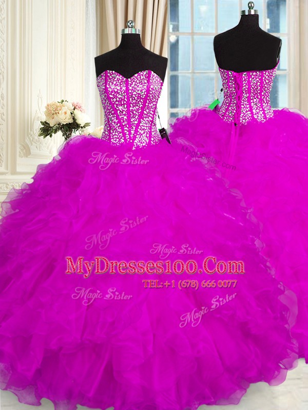 Modest Floor Length Fuchsia Quinceanera Dress Organza Sleeveless Beading and Ruffles