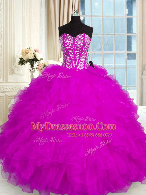 Modest Floor Length Fuchsia Quinceanera Dress Organza Sleeveless Beading and Ruffles
