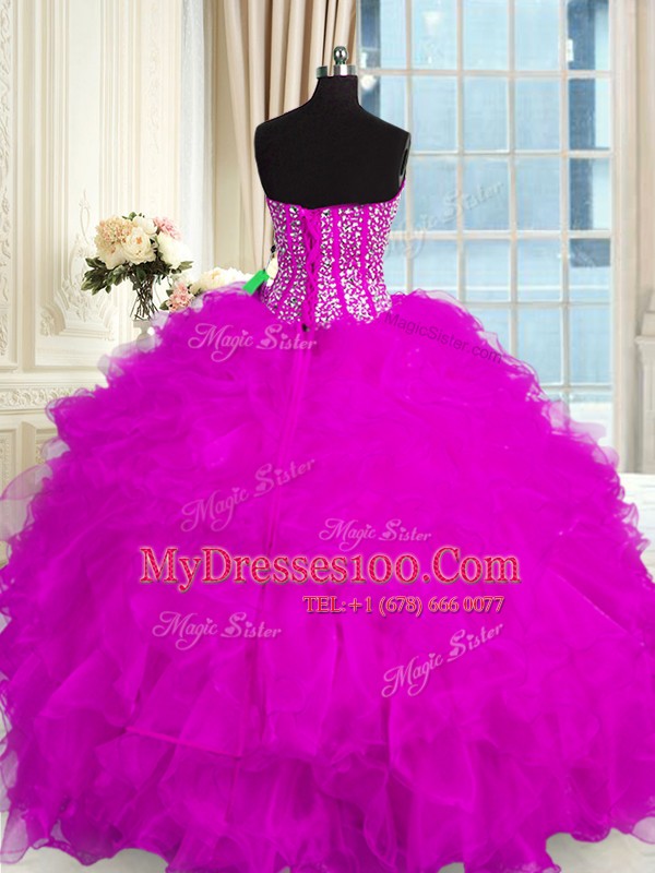 Modest Floor Length Fuchsia Quinceanera Dress Organza Sleeveless Beading and Ruffles