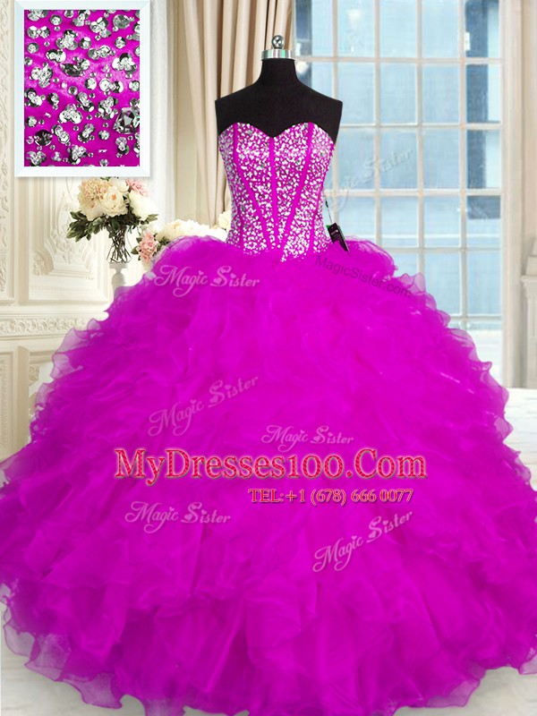 Modest Floor Length Fuchsia Quinceanera Dress Organza Sleeveless Beading and Ruffles