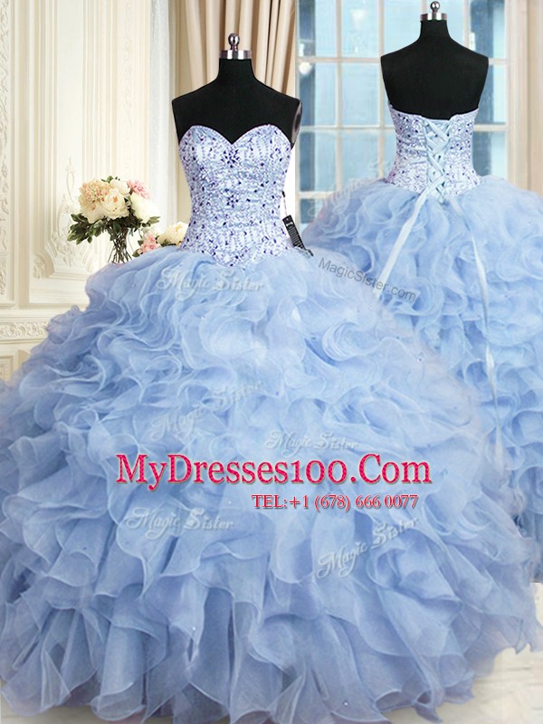 Light Blue 15 Quinceanera Dress Military Ball and Sweet 16 and Quinceanera and For with Beading and Ruffles Sweetheart Sleeveless Lace Up