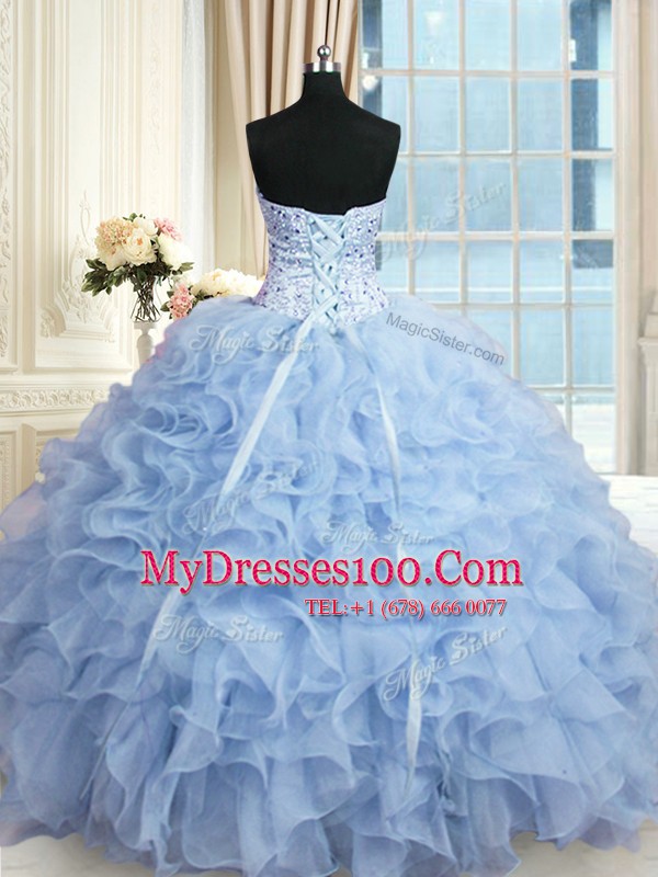 Light Blue 15 Quinceanera Dress Military Ball and Sweet 16 and Quinceanera and For with Beading and Ruffles Sweetheart Sleeveless Lace Up