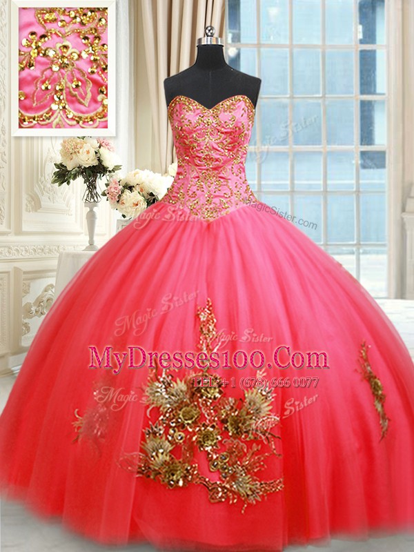 Floor Length Coral Red Ball Gown Prom Dress Tulle Sleeveless Beading and Appliques and Embroidery