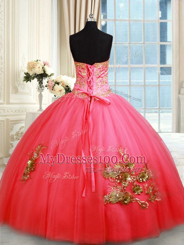 Floor Length Coral Red Ball Gown Prom Dress Tulle Sleeveless Beading and Appliques and Embroidery