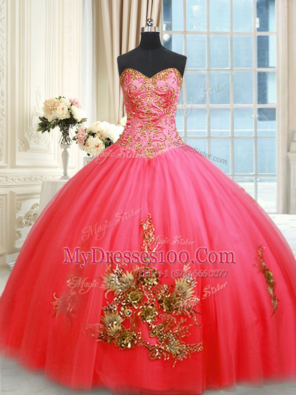 Floor Length Coral Red Ball Gown Prom Dress Tulle Sleeveless Beading and Appliques and Embroidery