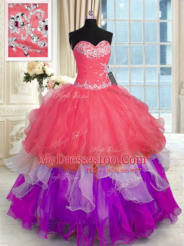Multi-color Sleeveless Floor Length Beading and Appliques Lace Up Ball Gown Prom Dress