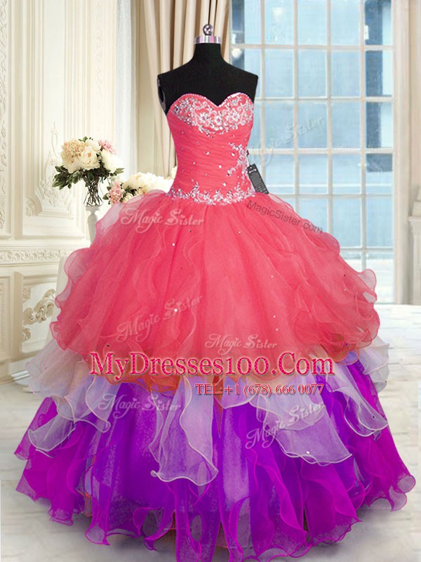 Multi-color Sleeveless Floor Length Beading and Appliques Lace Up Ball Gown Prom Dress