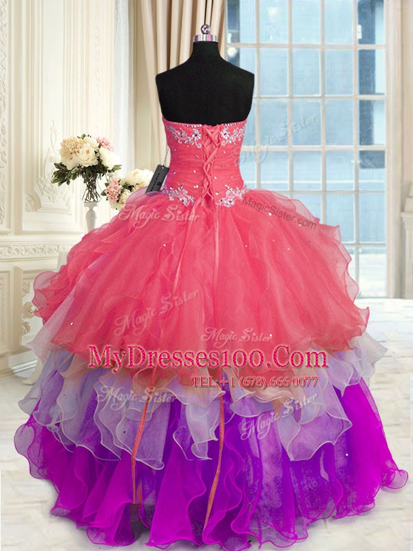 Multi-color Sleeveless Floor Length Beading and Appliques Lace Up Ball Gown Prom Dress
