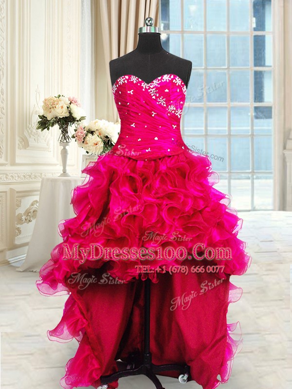 Four Piece Sleeveless Organza Floor Length Lace Up Quinceanera Dress in Hot Pink with Beading and Ruffles and Ruching