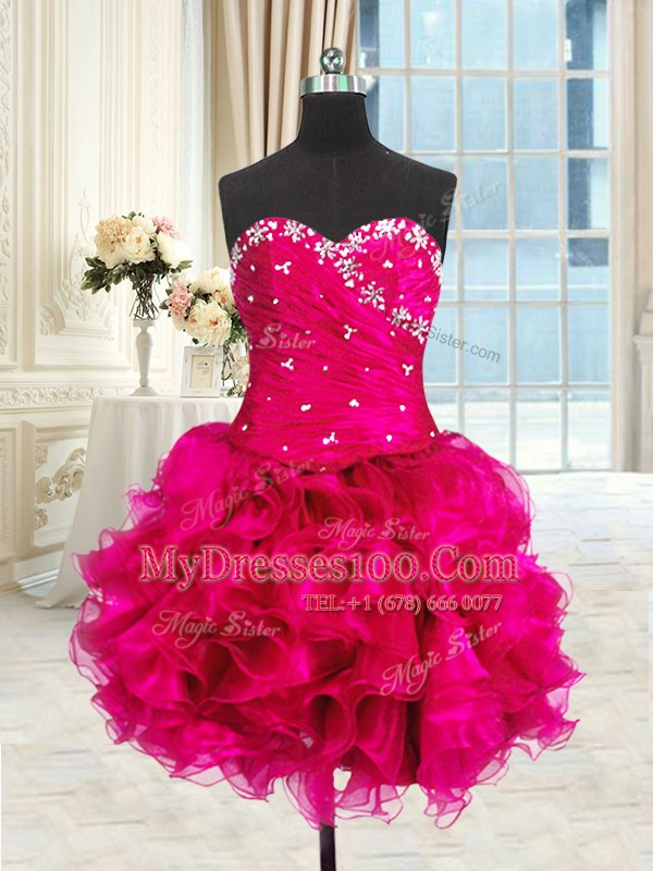 Four Piece Sleeveless Organza Floor Length Lace Up Quinceanera Dress in Hot Pink with Beading and Ruffles and Ruching