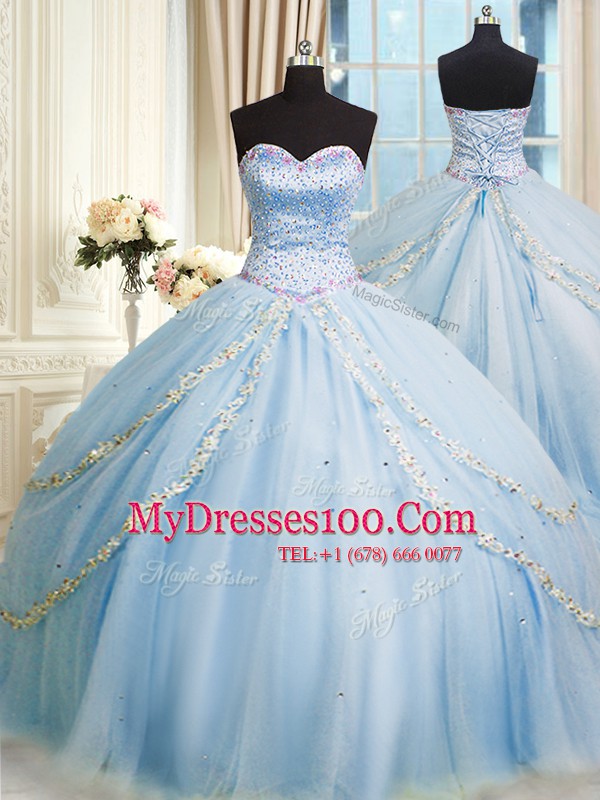 Beauteous Sweetheart Sleeveless Organza Quinceanera Dresses Beading and Appliques Court Train Lace Up