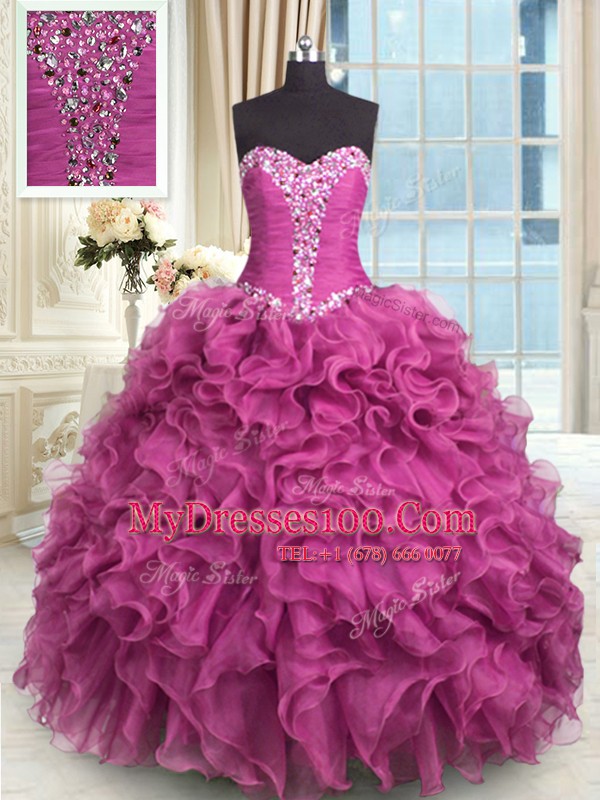 Fancy Rose Pink Lace Up Quinceanera Gowns Beading and Ruffles Sleeveless Floor Length