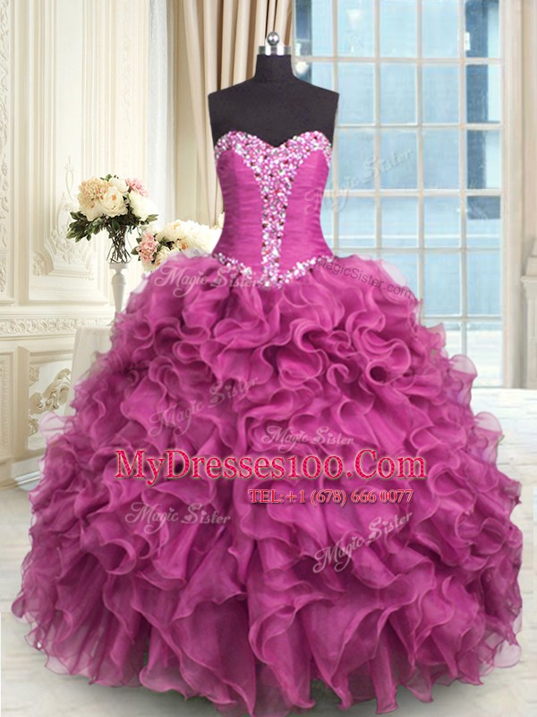 Fancy Rose Pink Lace Up Quinceanera Gowns Beading and Ruffles Sleeveless Floor Length