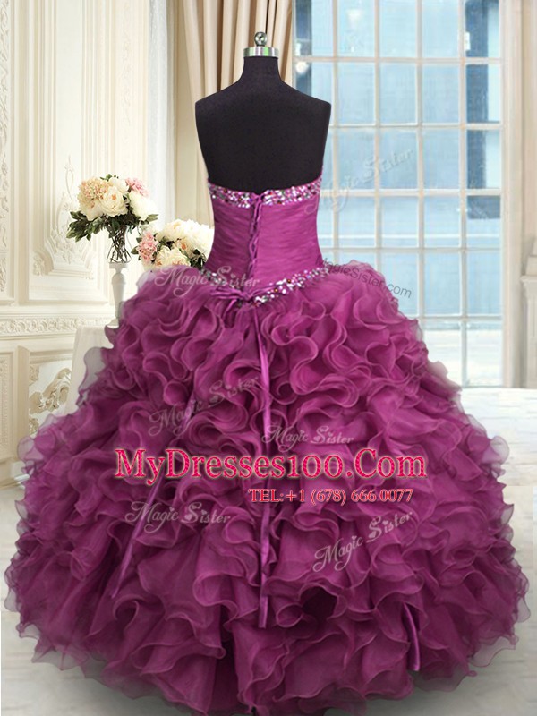 Fancy Rose Pink Lace Up Quinceanera Gowns Beading and Ruffles Sleeveless Floor Length