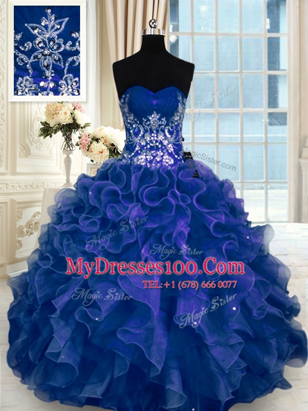 Ball Gowns Quince Ball Gowns Navy Blue Sweetheart Organza Sleeveless Floor Length Lace Up