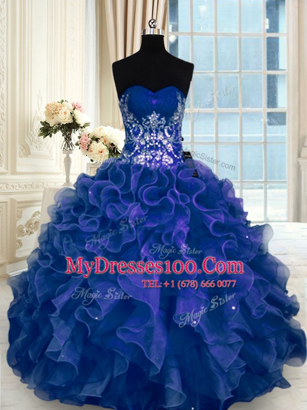 Ball Gowns Quince Ball Gowns Navy Blue Sweetheart Organza Sleeveless Floor Length Lace Up