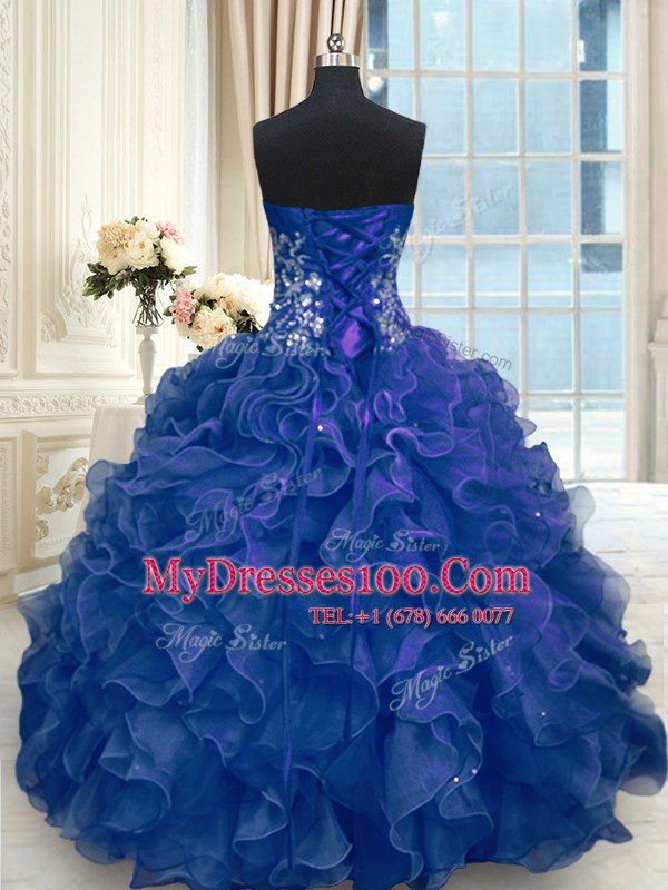 Ball Gowns Quince Ball Gowns Navy Blue Sweetheart Organza Sleeveless Floor Length Lace Up