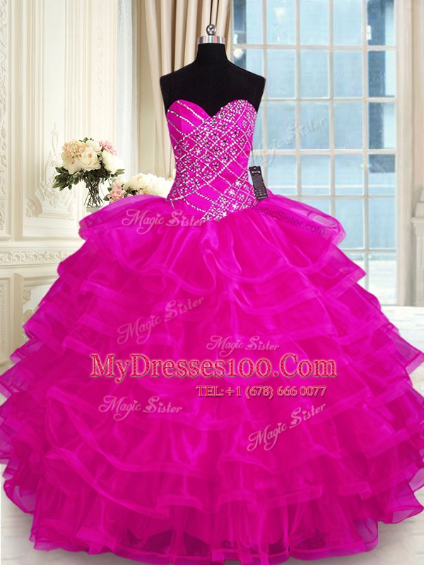 Floor Length Fuchsia 15th Birthday Dress Organza Sleeveless Beading and Ruffled Layers