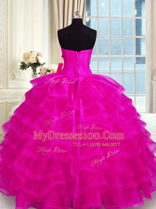 Floor Length Fuchsia 15th Birthday Dress Organza Sleeveless Beading and Ruffled Layers