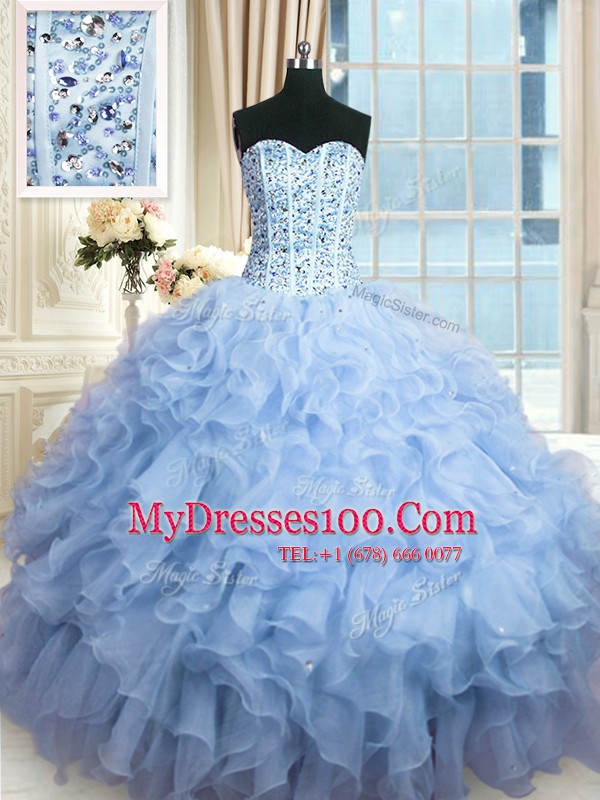 Sequins Light Blue Sleeveless Organza Lace Up 15th Birthday Dress for Military Ball and Sweet 16 and Quinceanera