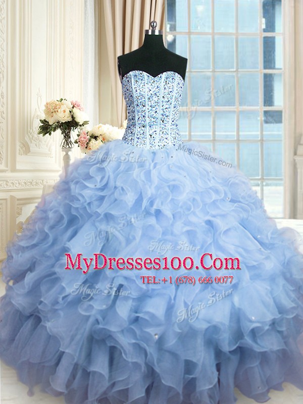 Sequins Light Blue Sleeveless Organza Lace Up 15th Birthday Dress for Military Ball and Sweet 16 and Quinceanera