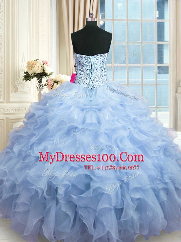 Sequins Light Blue Sleeveless Organza Lace Up 15th Birthday Dress for Military Ball and Sweet 16 and Quinceanera