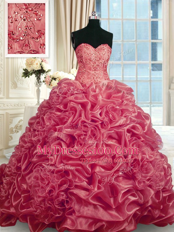 Stunning Sweetheart Sleeveless Sweet 16 Quinceanera Dress With Train Beading and Pick Ups Red Organza
