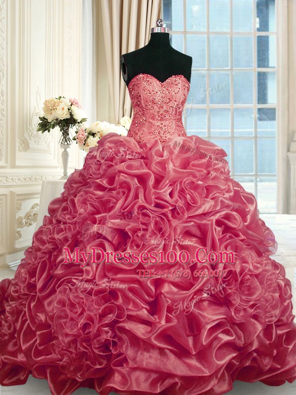 Stunning Sweetheart Sleeveless Sweet 16 Quinceanera Dress With Train Beading and Pick Ups Red Organza