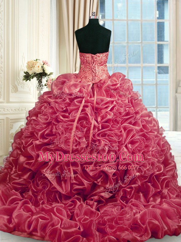Stunning Sweetheart Sleeveless Sweet 16 Quinceanera Dress With Train Beading and Pick Ups Red Organza