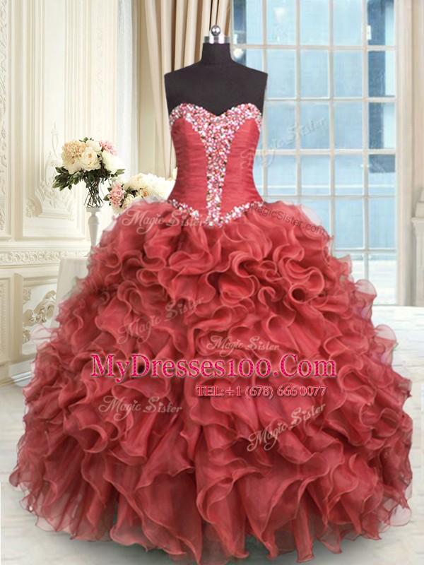 Rust Red Ball Gowns Sweetheart Sleeveless Organza Floor Length Lace Up Beading and Ruffles Quinceanera Dress