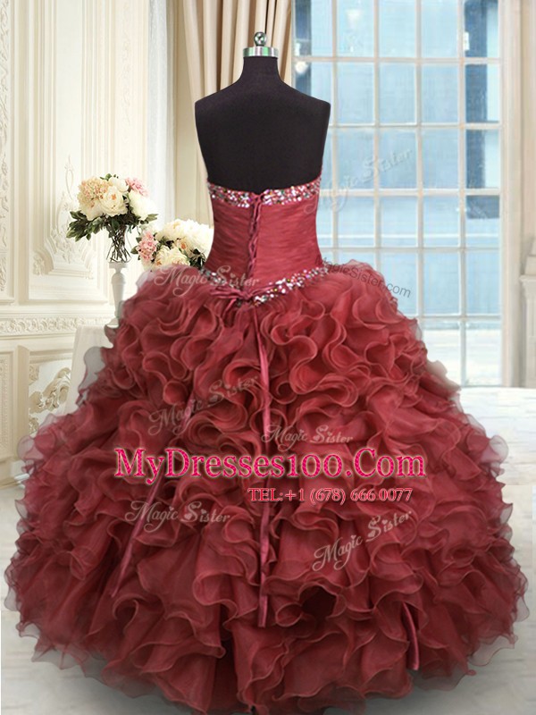 Rust Red Ball Gowns Sweetheart Sleeveless Organza Floor Length Lace Up Beading and Ruffles Quinceanera Dress