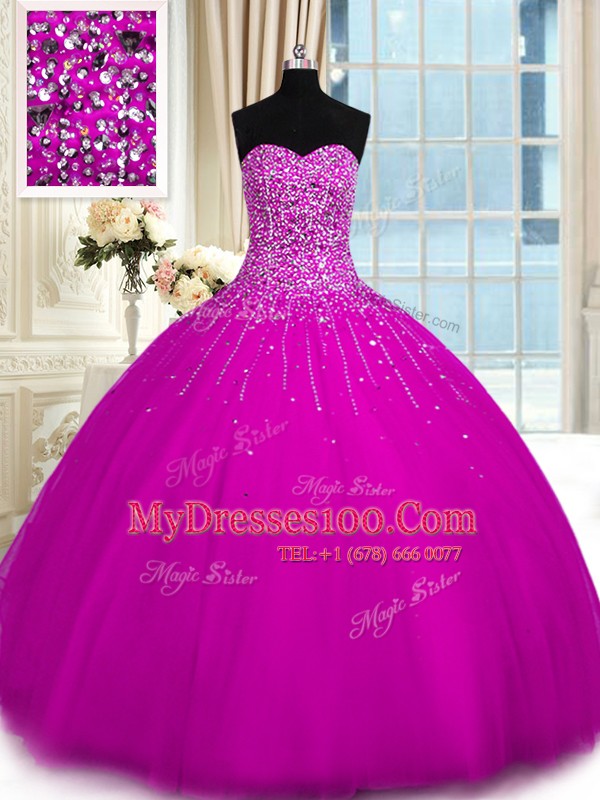 Sweet Sleeveless Tulle Floor Length Lace Up Ball Gown Prom Dress in Fuchsia with Beading