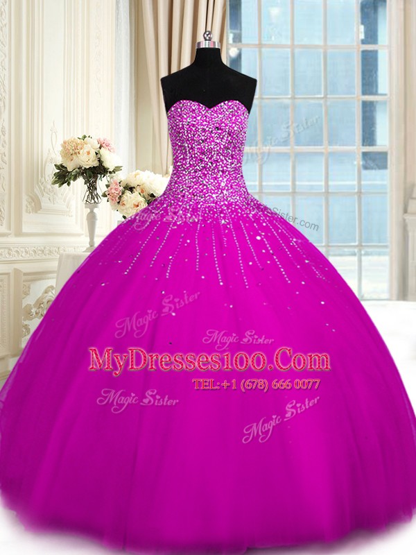 Sweet Sleeveless Tulle Floor Length Lace Up Ball Gown Prom Dress in Fuchsia with Beading