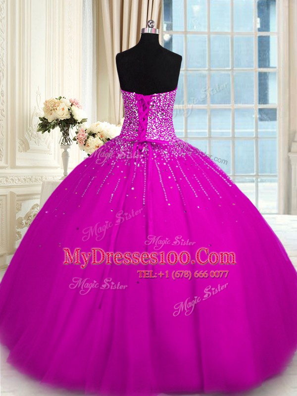Sweet Sleeveless Tulle Floor Length Lace Up Ball Gown Prom Dress in Fuchsia with Beading