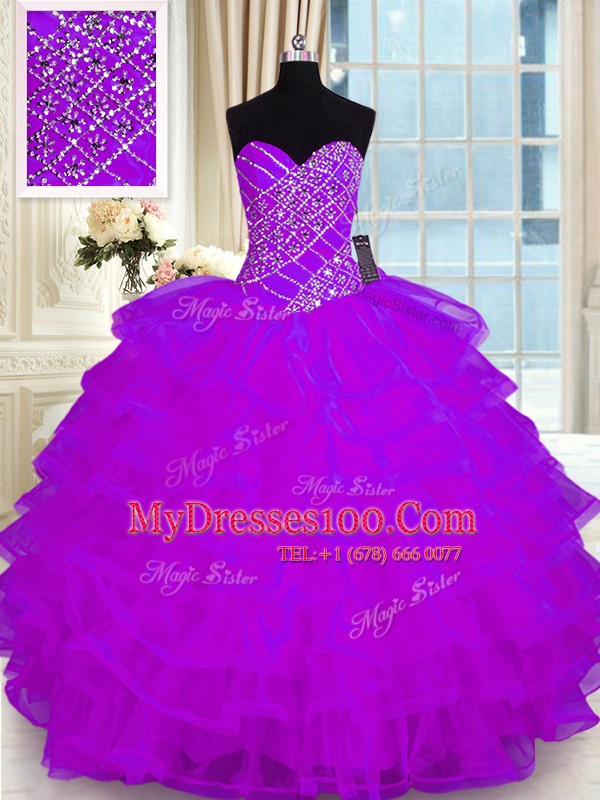 Sweetheart Sleeveless Quinceanera Dresses Floor Length Beading and Ruffled Layers Purple Organza