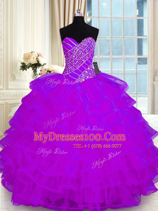 Sweetheart Sleeveless Quinceanera Dresses Floor Length Beading and Ruffled Layers Purple Organza