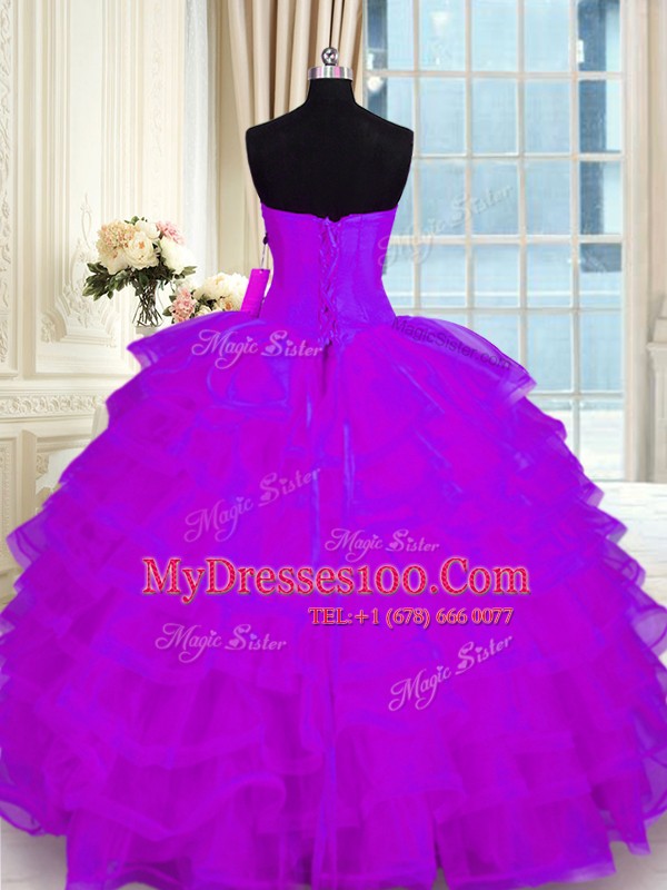 Sweetheart Sleeveless Quinceanera Dresses Floor Length Beading and Ruffled Layers Purple Organza