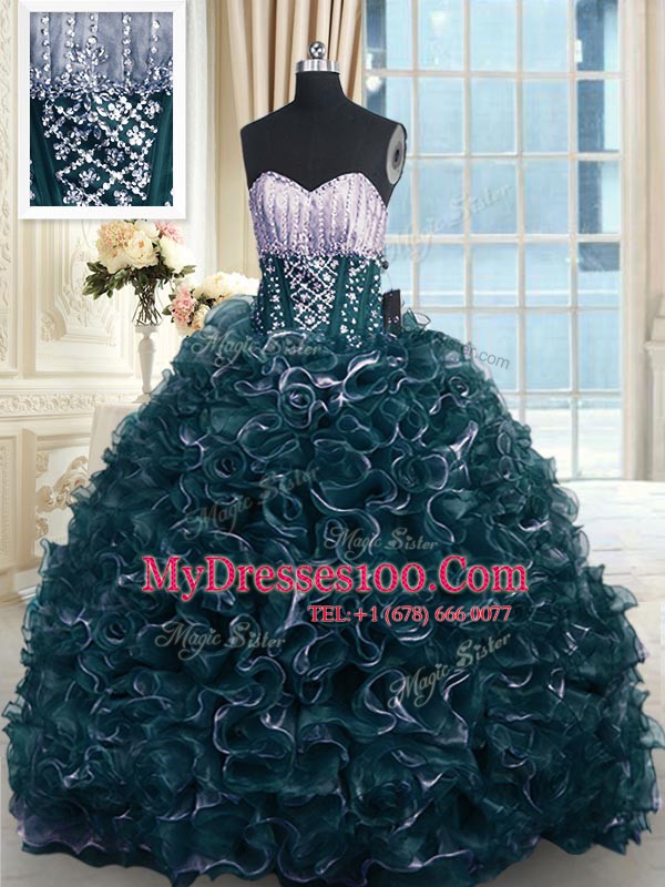 Brush Train Ball Gowns 15th Birthday Dress Teal Sweetheart Organza Sleeveless With Train Lace Up