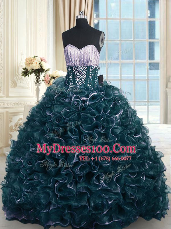 Brush Train Ball Gowns 15th Birthday Dress Teal Sweetheart Organza Sleeveless With Train Lace Up