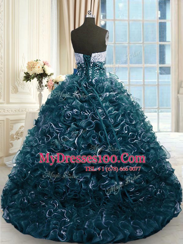 Brush Train Ball Gowns 15th Birthday Dress Teal Sweetheart Organza Sleeveless With Train Lace Up
