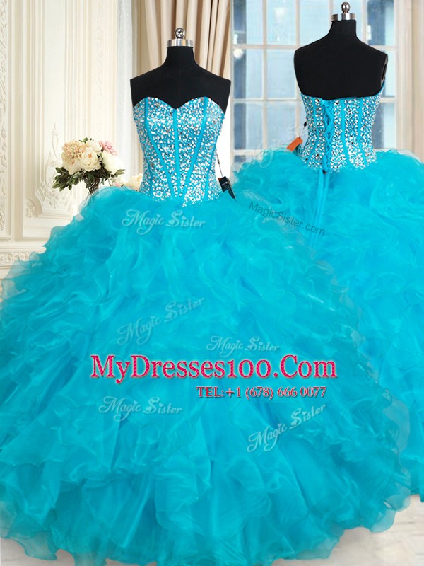 Sleeveless Floor Length Beading and Ruffles Lace Up Sweet 16 Dresses with Aqua Blue