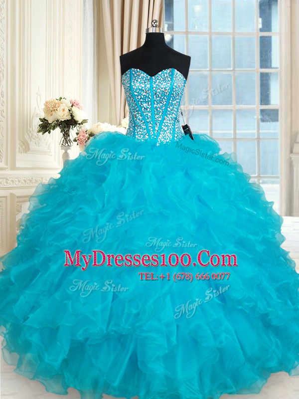Sleeveless Floor Length Beading and Ruffles Lace Up Sweet 16 Dresses with Aqua Blue